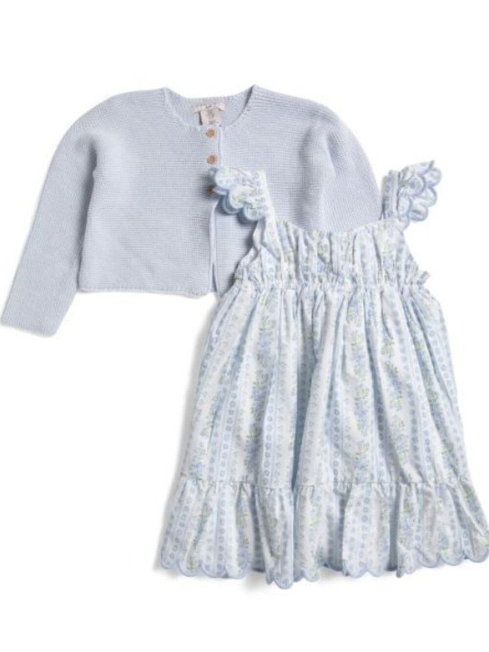 NWT SINCERELY JULES Girls Blue Cotton Cardigan and Floral Scalloped Dress Set